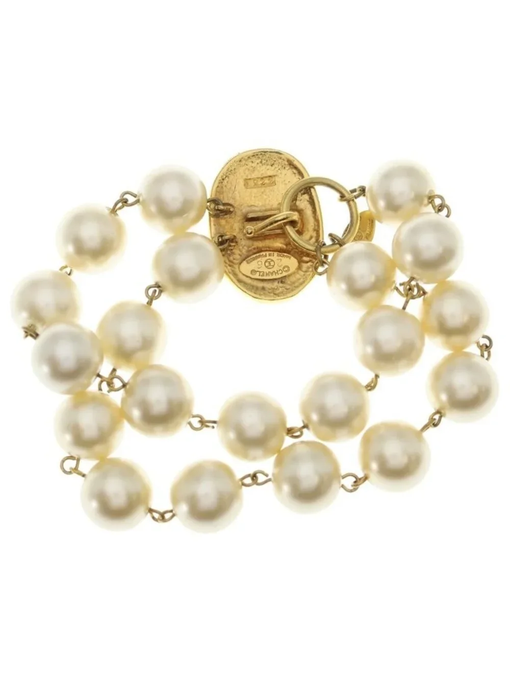 Chanel CC Logo Crown Faux Pearl Bracelet White Gold
